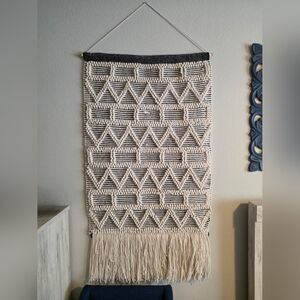 Handwoven Cream and Black Geometric Macrame Wall Hanging Decor